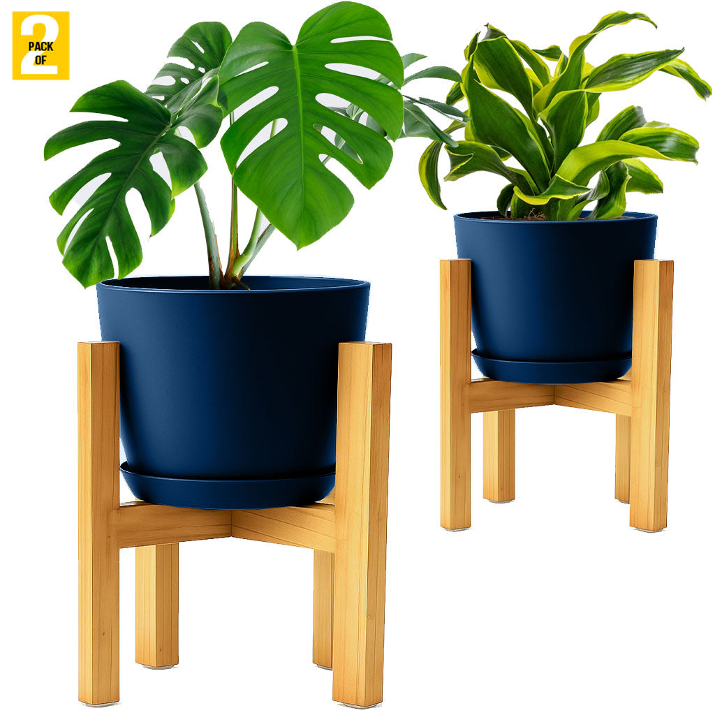 Modern Planter Pots with Drainage Tray & Pure Wooden Stand – Durable ABS Plastic with Seamless Saucers