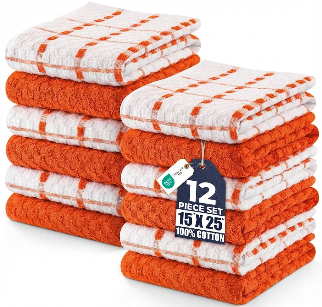 Kitchen Towels 12 Pack, 15 x 25 Inches, 100% Ring Spun Cotton Super Soft and Absorbent Linen Dish, Tea and Bar Towels Set