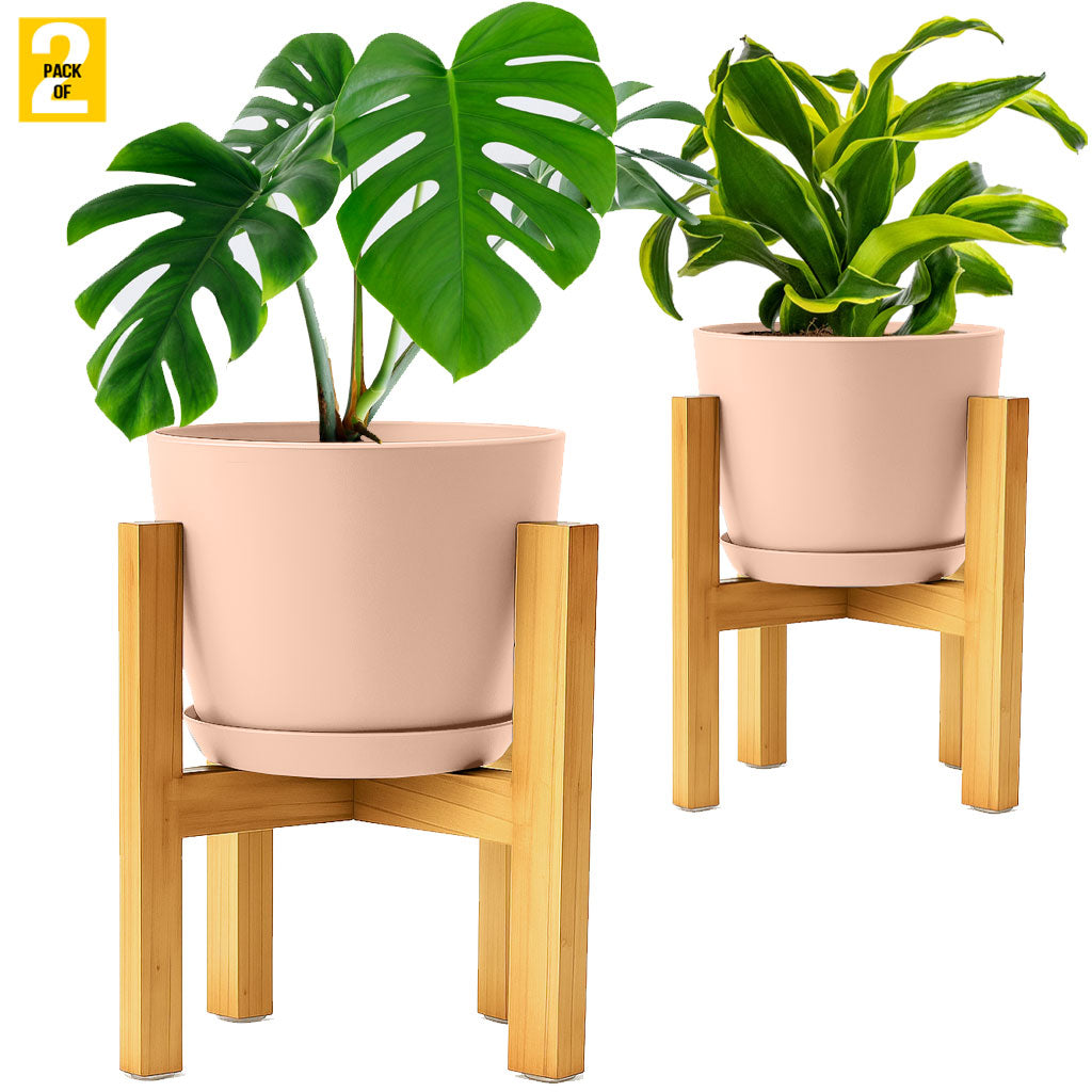 Modern Planter Pots with Drainage Tray & Pure Wooden Stand – Durable ABS Plastic with Seamless Saucers