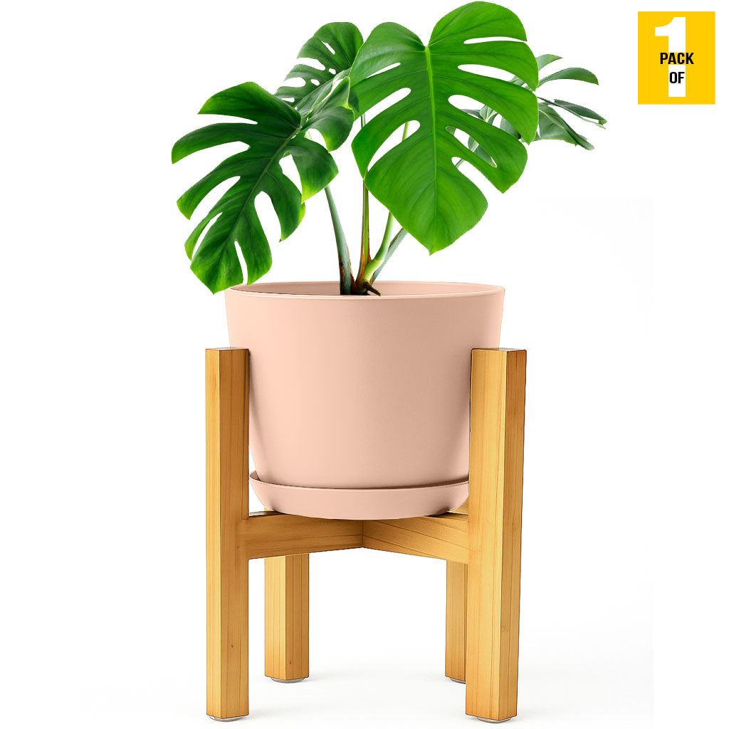 Modern Planter Pots with Drainage Tray & Pure Wooden Stand – Durable ABS Plastic with Seamless Saucers