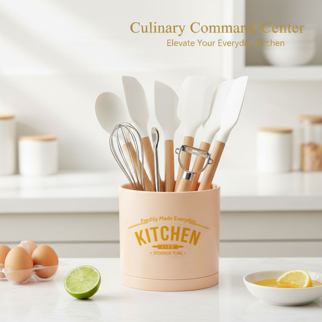 6-Inch Plastic Cylindrical Kitchen Utensil Holder with Drainage and Seamless Saucer Fast Forward