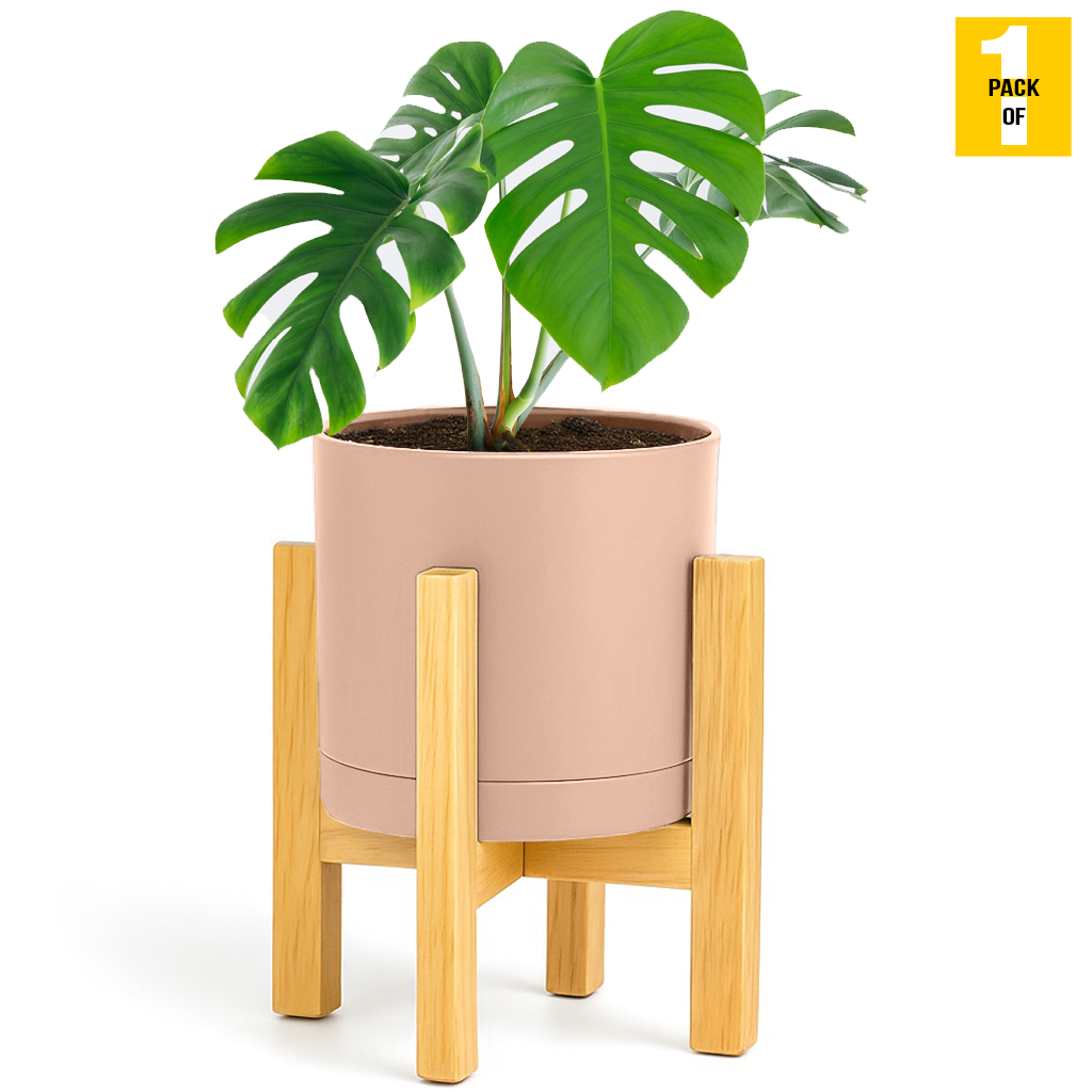 Modern Cylinder Planter Pots with Drainage & Wooden Stand – Durable ABS Plastic with Seamless Saucers – Ideal for Indoor & Outdoor Plant Styling – Pack of 2