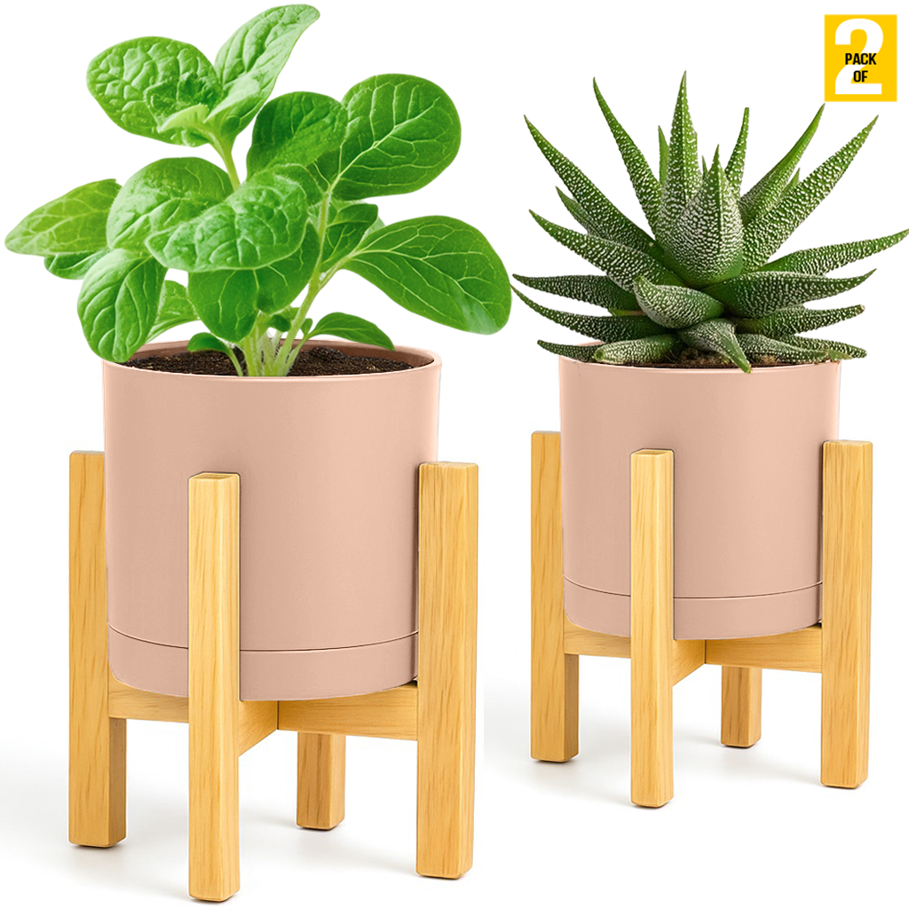 Modern Cylinder Planter Pots with Drainage & Wooden Stand – Durable ABS Plastic with Seamless Saucers – Ideal for Indoor & Outdoor Plant Styling – Pack of 2