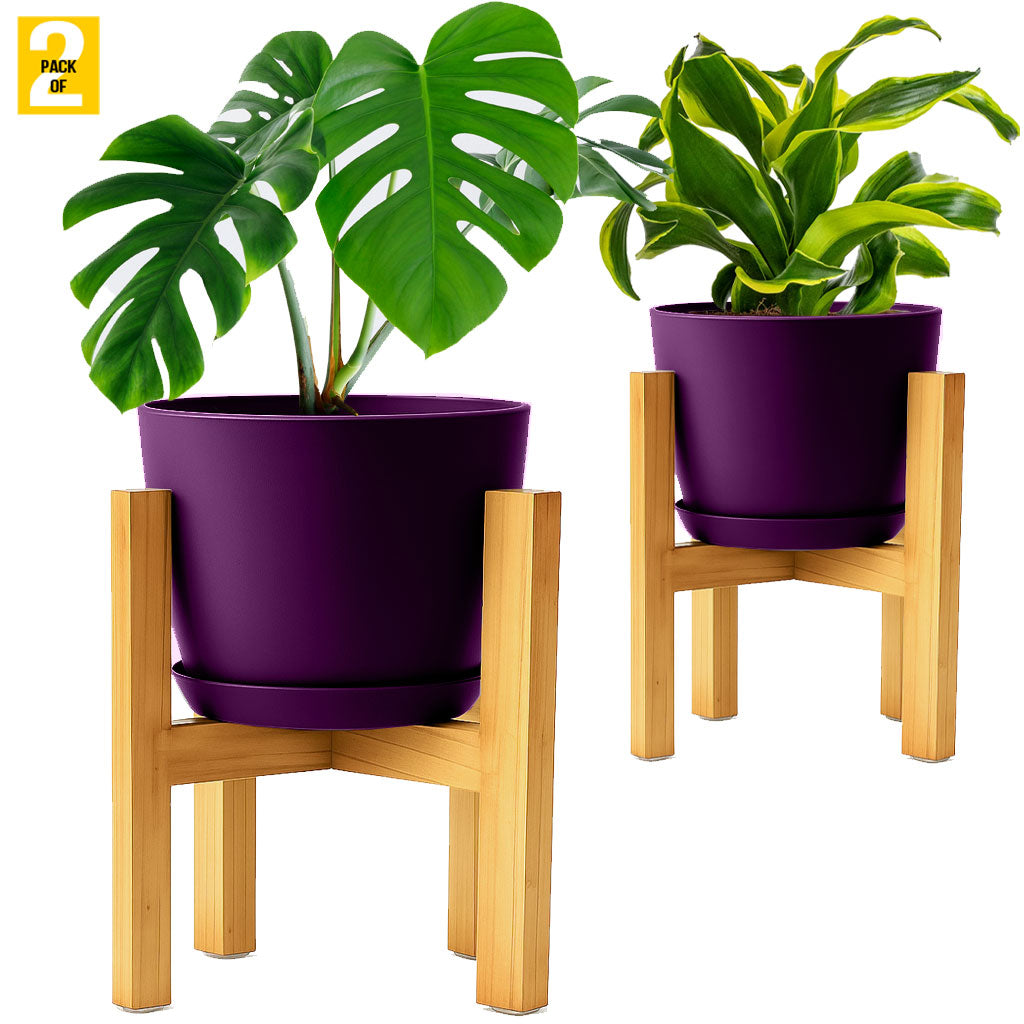 Modern Planter Pots with Drainage Tray & Pure Wooden Stand – Durable ABS Plastic with Seamless Saucers