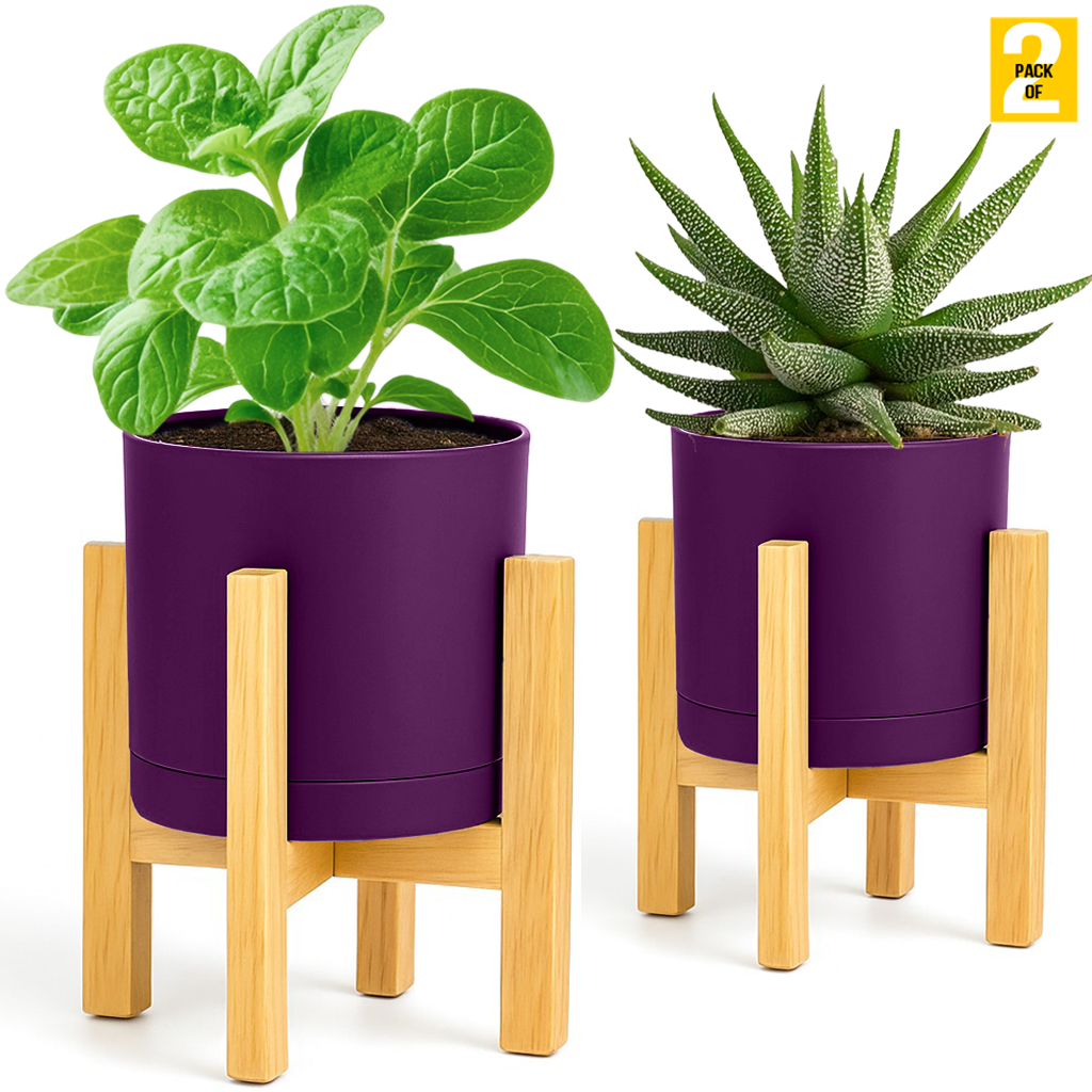 Modern Cylinder Planter Pots with Drainage & Wooden Stand – Durable ABS Plastic with Seamless Saucers – Ideal for Indoor & Outdoor Plant Styling – Pack of 2