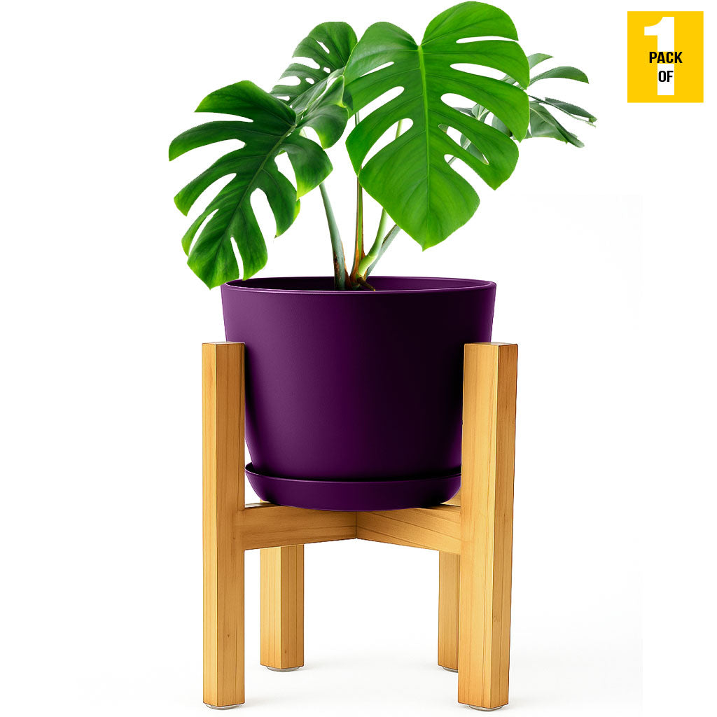 Modern Planter Pots with Drainage Tray & Pure Wooden Stand – Durable ABS Plastic with Seamless Saucers