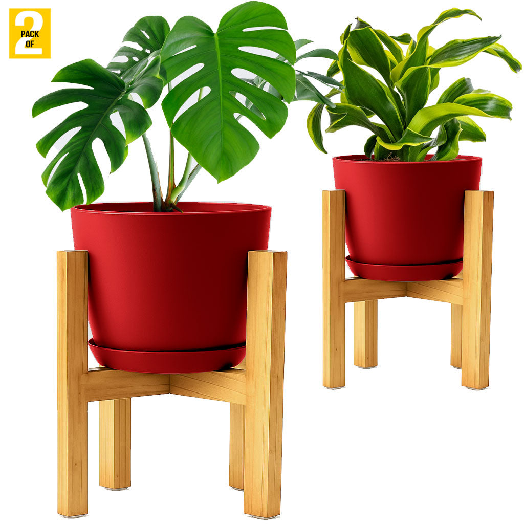 Modern Planter Pots with Drainage Tray & Pure Wooden Stand – Durable ABS Plastic with Seamless Saucers