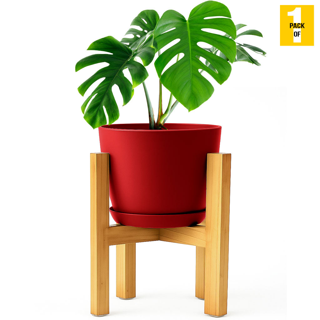 Modern Planter Pots with Drainage Tray & Pure Wooden Stand – Durable ABS Plastic with Seamless Saucers