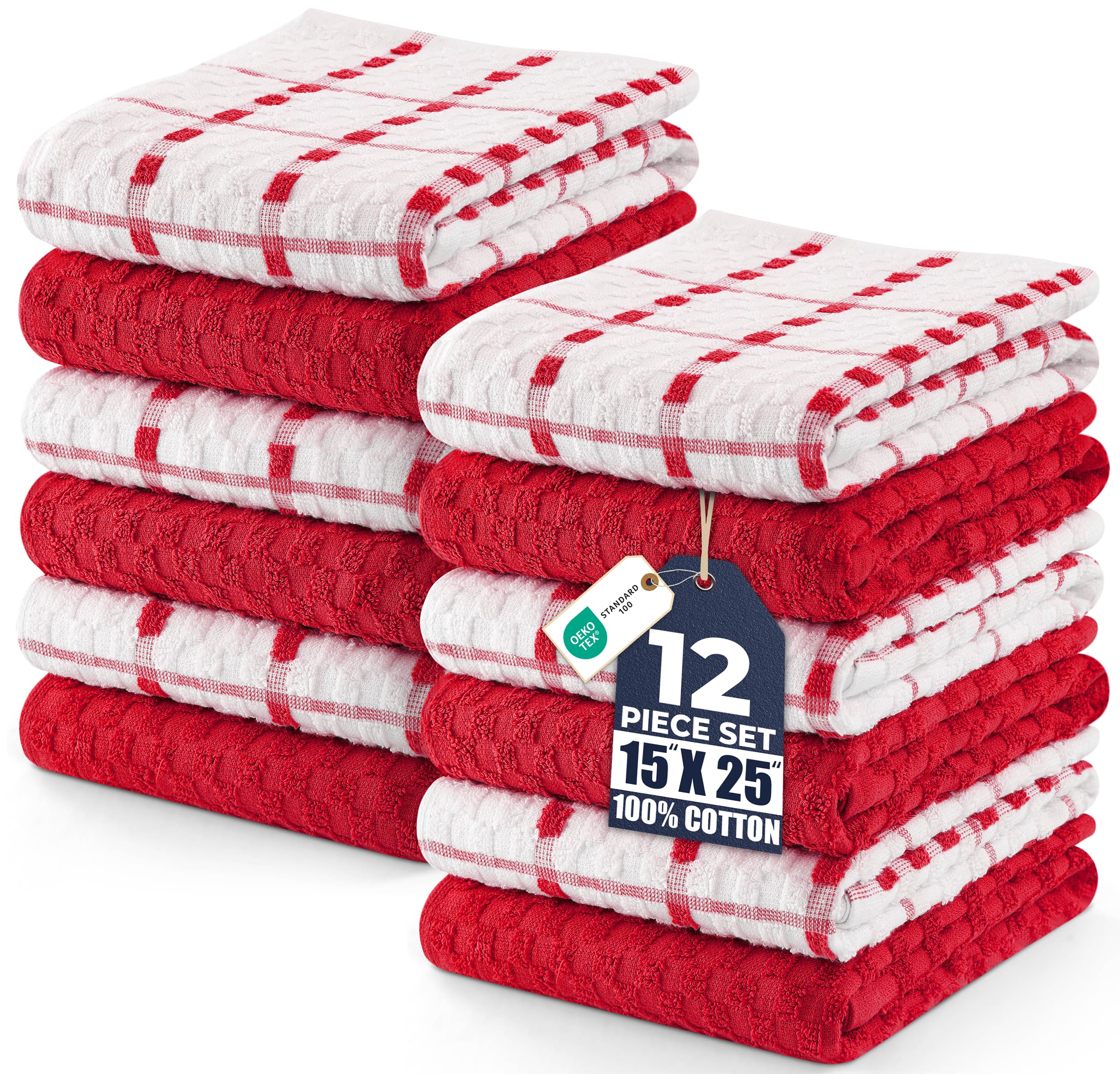 Kitchen Towels 12 Pack, 15 x 25 Inches, 100% Ring Spun Cotton Super Soft and Absorbent Linen Dish, Tea and Bar Towels Set