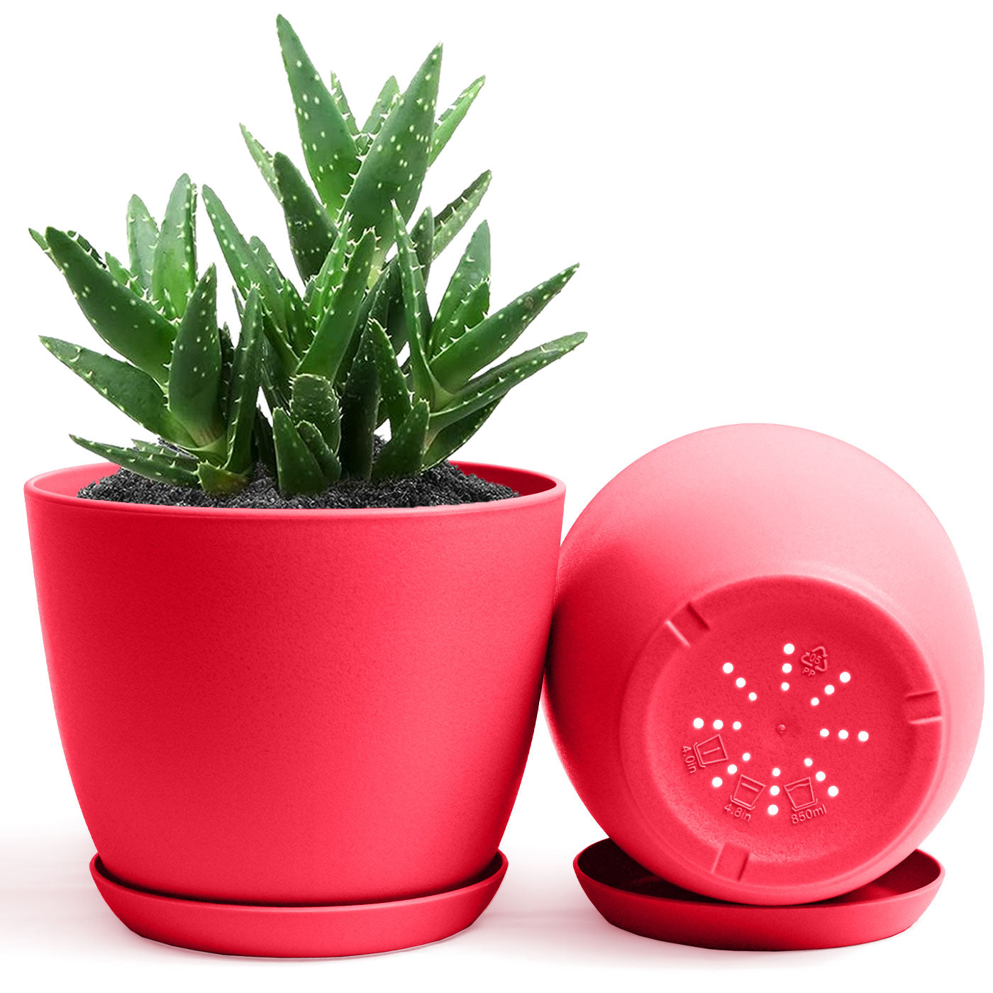 Decorative Flower Pots with Drainage - Pack of 2 Plastic Planters for Indoor Plants