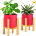 cylinder planter pot with wooden stand drainage and seamless saucer - yellow Pack of 1