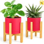 cylinder planter pot with wooden stand drainage and seamless saucer - yellow Pack of 1