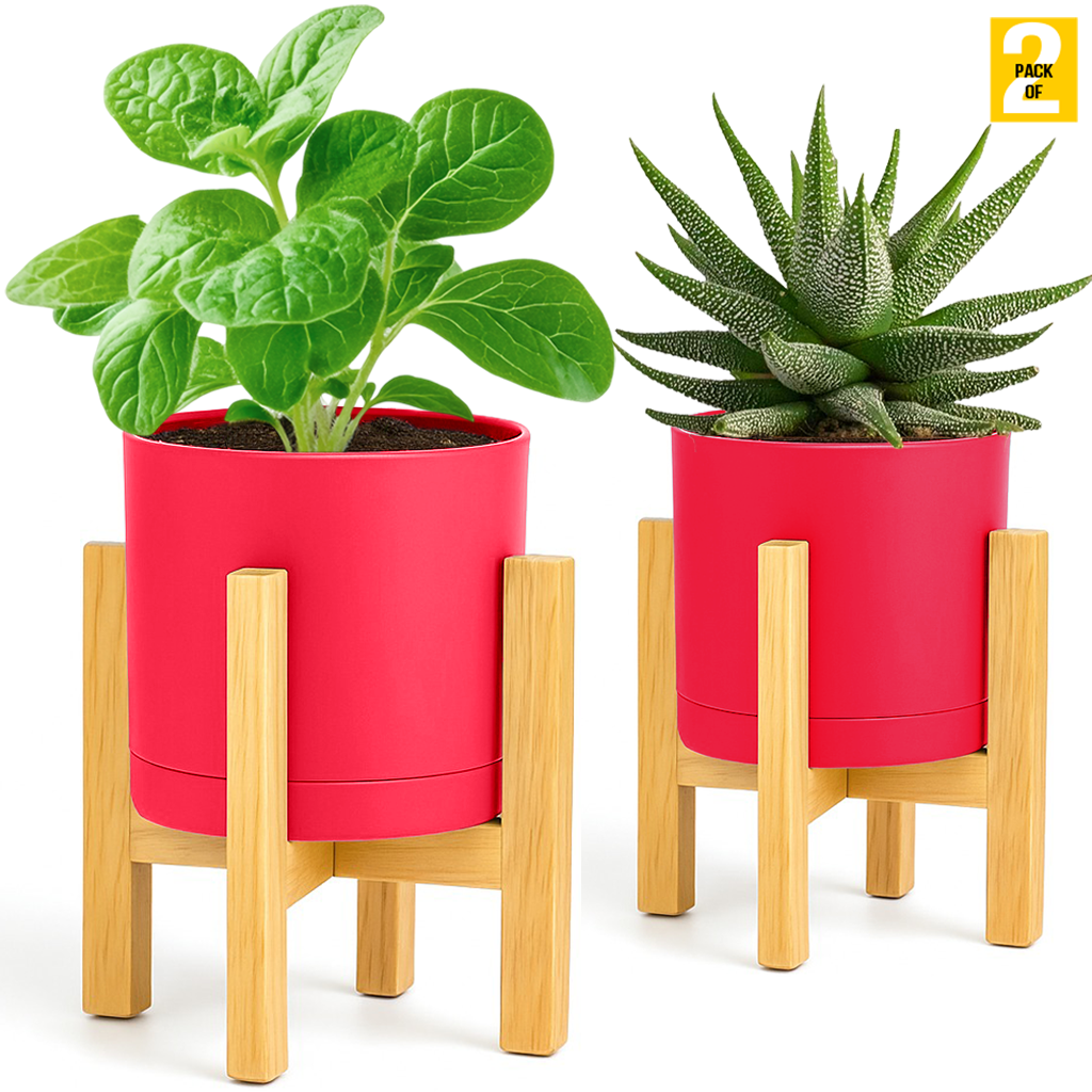 Modern Cylinder Planter Pots with Drainage & Wooden Stand – Durable ABS Plastic with Seamless Saucers – Ideal for Indoor & Outdoor Plant Styling – Pack of 2