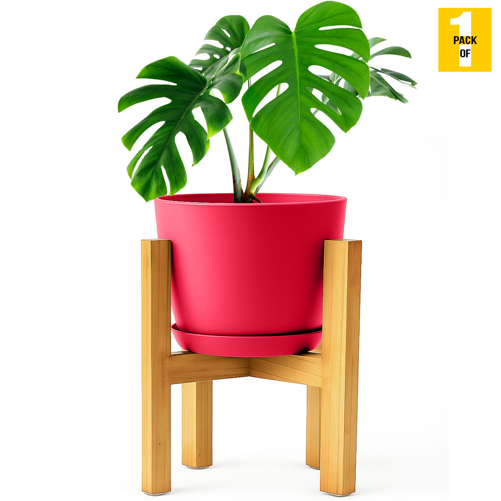 Modern Planter Pots with Drainage Tray & Pure Wooden Stand – Durable ABS Plastic with Seamless Saucers