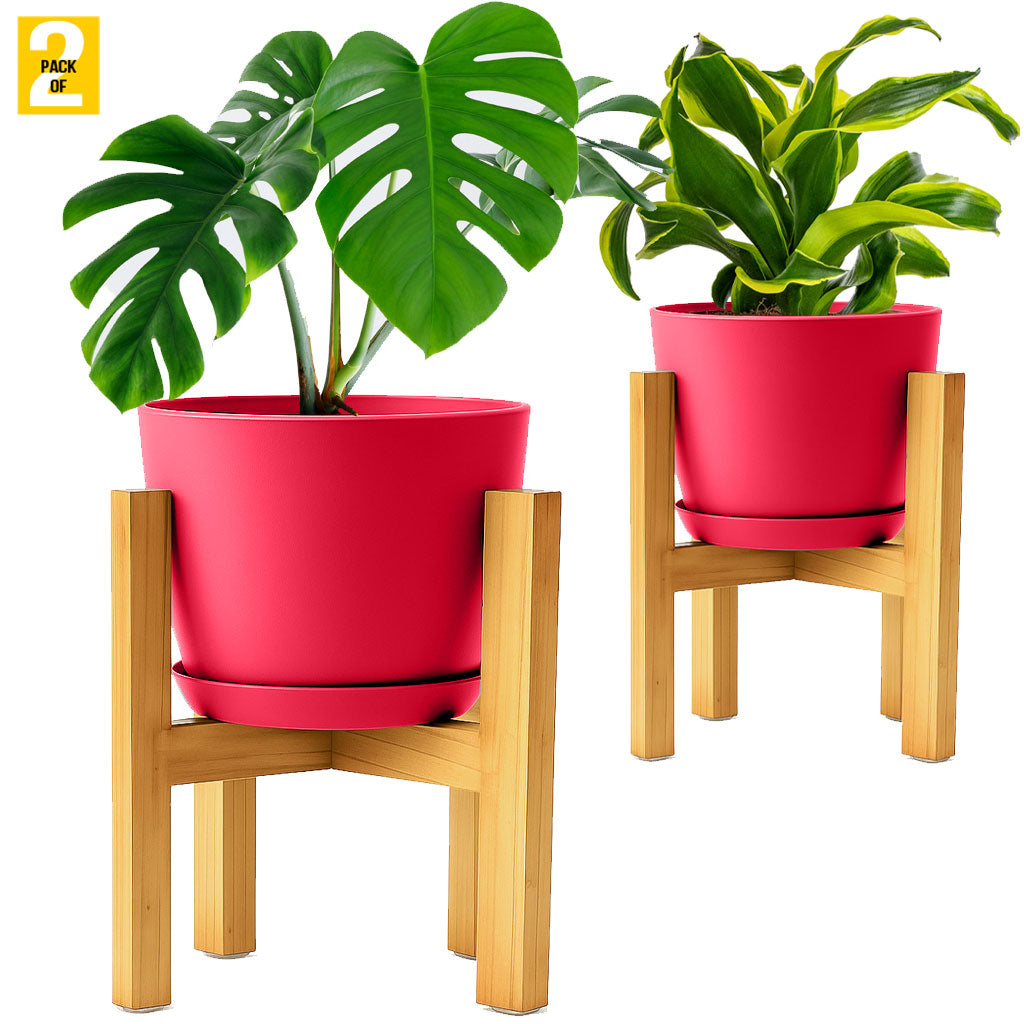 Modern Planter Pots with Drainage Tray & Pure Wooden Stand – Durable ABS Plastic with Seamless Saucers