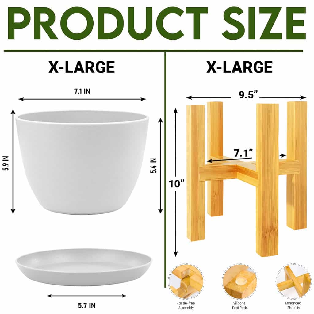 Modern Planter Pots with Drainage Tray & Pure Wooden Stand – Durable ABS Plastic with Seamless Saucers