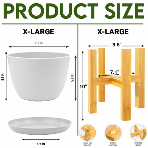 Modern Planter Pots with Drainage Tray & Pure Wooden Stand – Durable ABS Plastic with Seamless Saucers