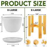 Modern Planter Pots with Drainage Tray & Pure Wooden Stand – Durable ABS Plastic with Seamless Saucers