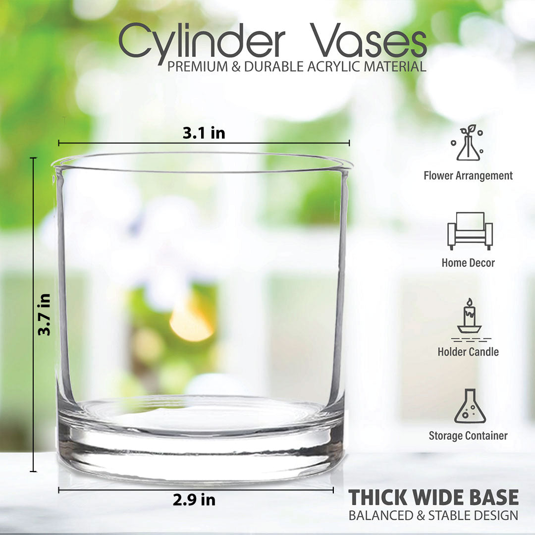 3.7-Inch Clear Plastic Acrylic Cylinder Vases - Versatile Centerpieces for Home, Weddings & Parties