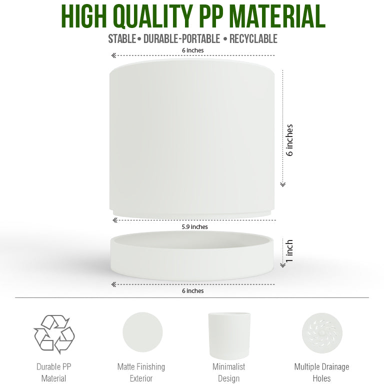 6-Inch Plastic Planter Pots – Cylindrical Stylish, Durable & Plant-Friendly with Drainage & Seamless Saucers