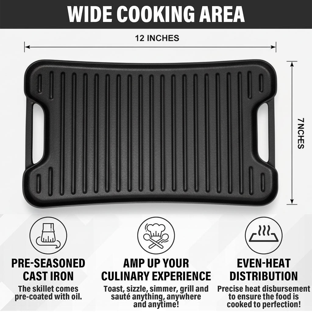 Pre-Seasoned Cast Iron Reversible Grill & Griddle Pan – Even Heat Distribution, 12-Inch Fast Forward