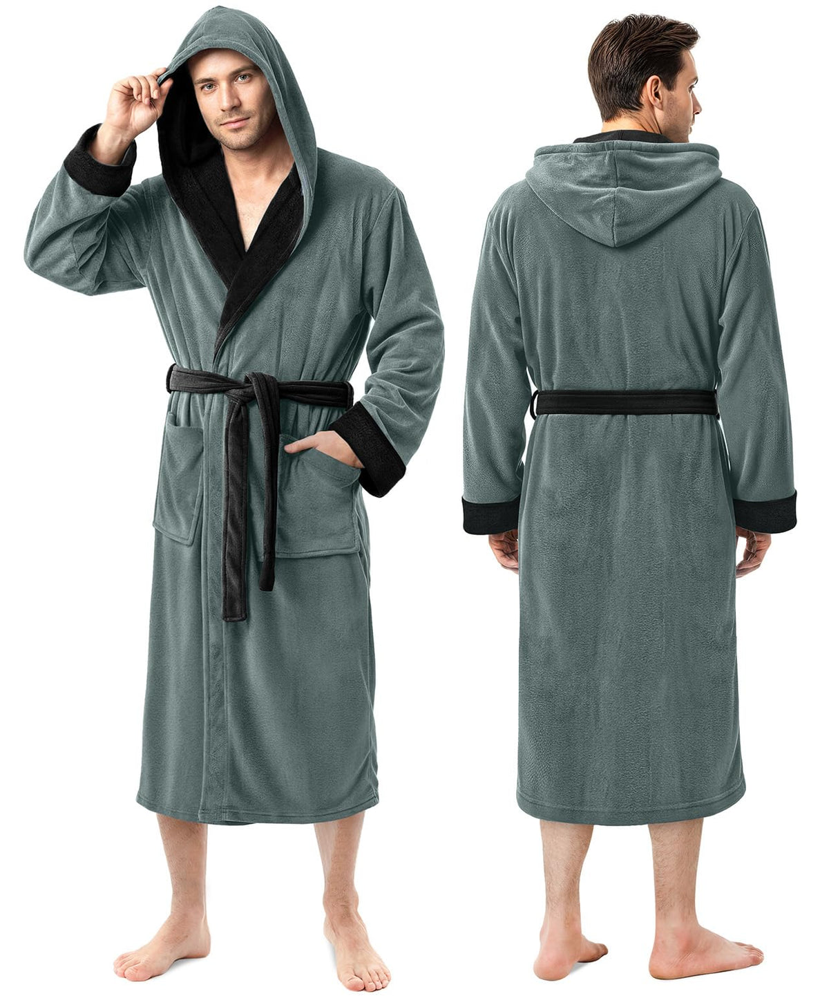 Men’s Fleece Hooded Bathrobe, Super Soft Plush Dressing Gown & Warm Loungewear for Home, Spa & Winter Use