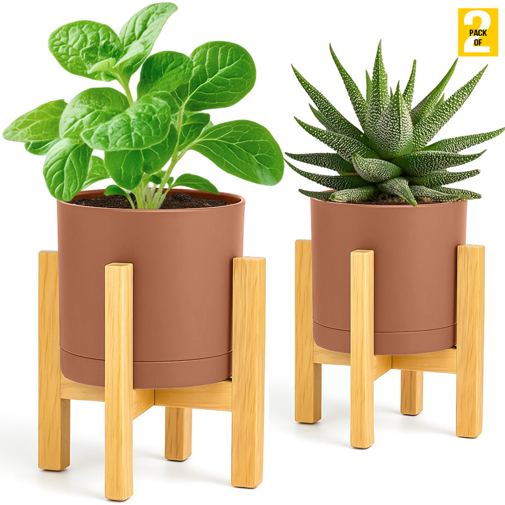 Modern Cylinder Planter Pots with Drainage & Wooden Stand – Durable ABS Plastic with Seamless Saucers – Ideal for Indoor & Outdoor Plant Styling – Pack of 2