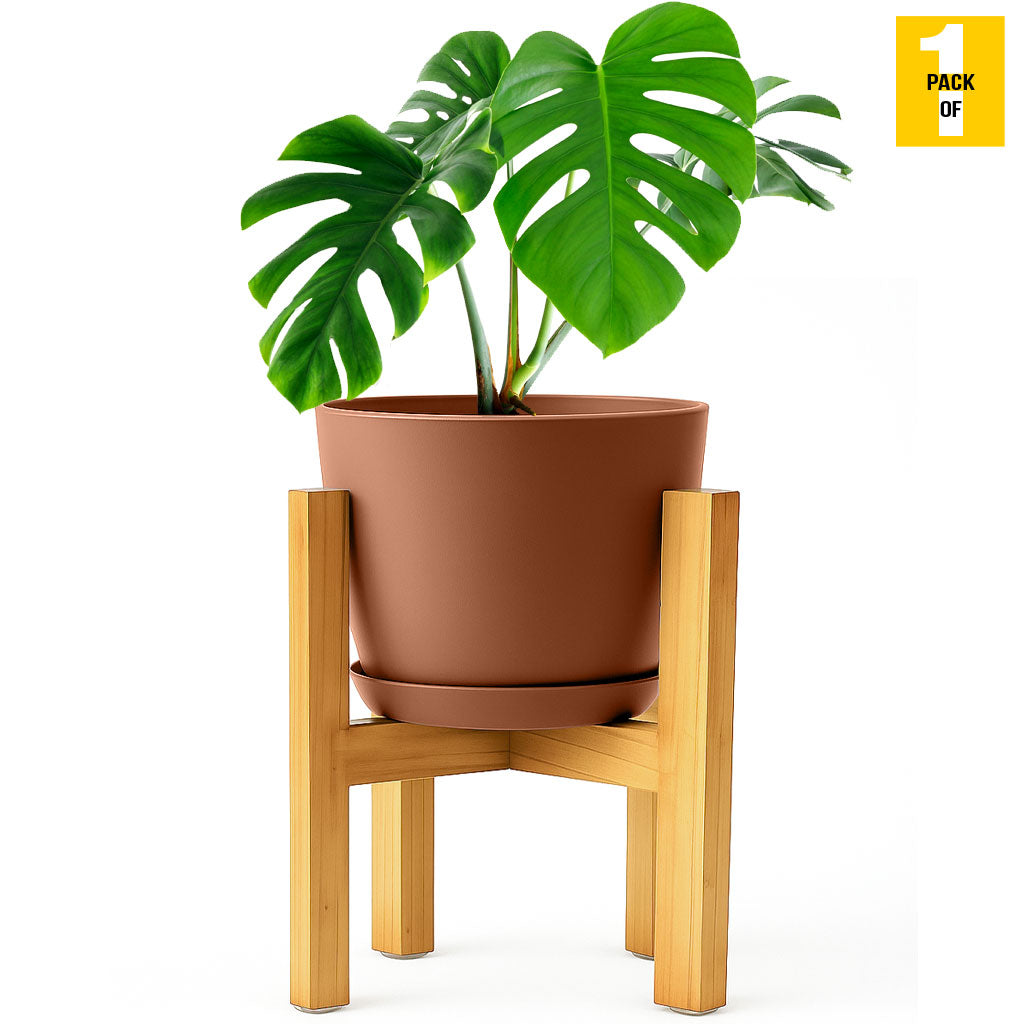 Modern Planter Pots with Drainage Tray & Pure Wooden Stand – Durable ABS Plastic with Seamless Saucers
