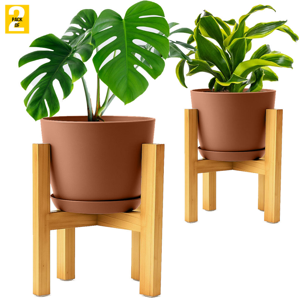 Modern Planter Pots with Drainage Tray & Pure Wooden Stand – Durable ABS Plastic with Seamless Saucers