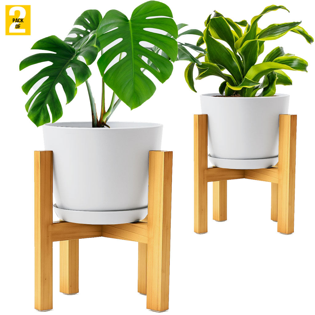 Modern Planter Pots with Drainage Tray & Pure Wooden Stand – Durable ABS Plastic with Seamless Saucers