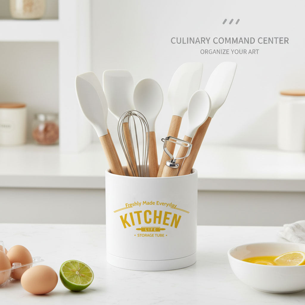 6-Inch Plastic Cylindrical Kitchen Utensil Holder with Drainage and Seamless Saucer Fast Forward