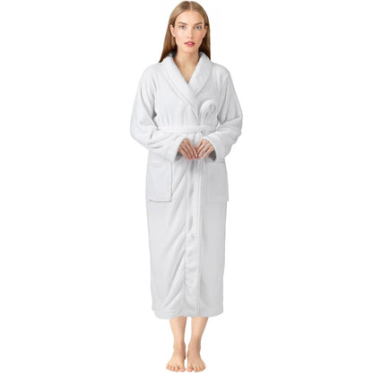 Premium Women's Plush Long Bathrobe - Soft Warm Fleece Robe with Shawl Collar for Spa & Home
