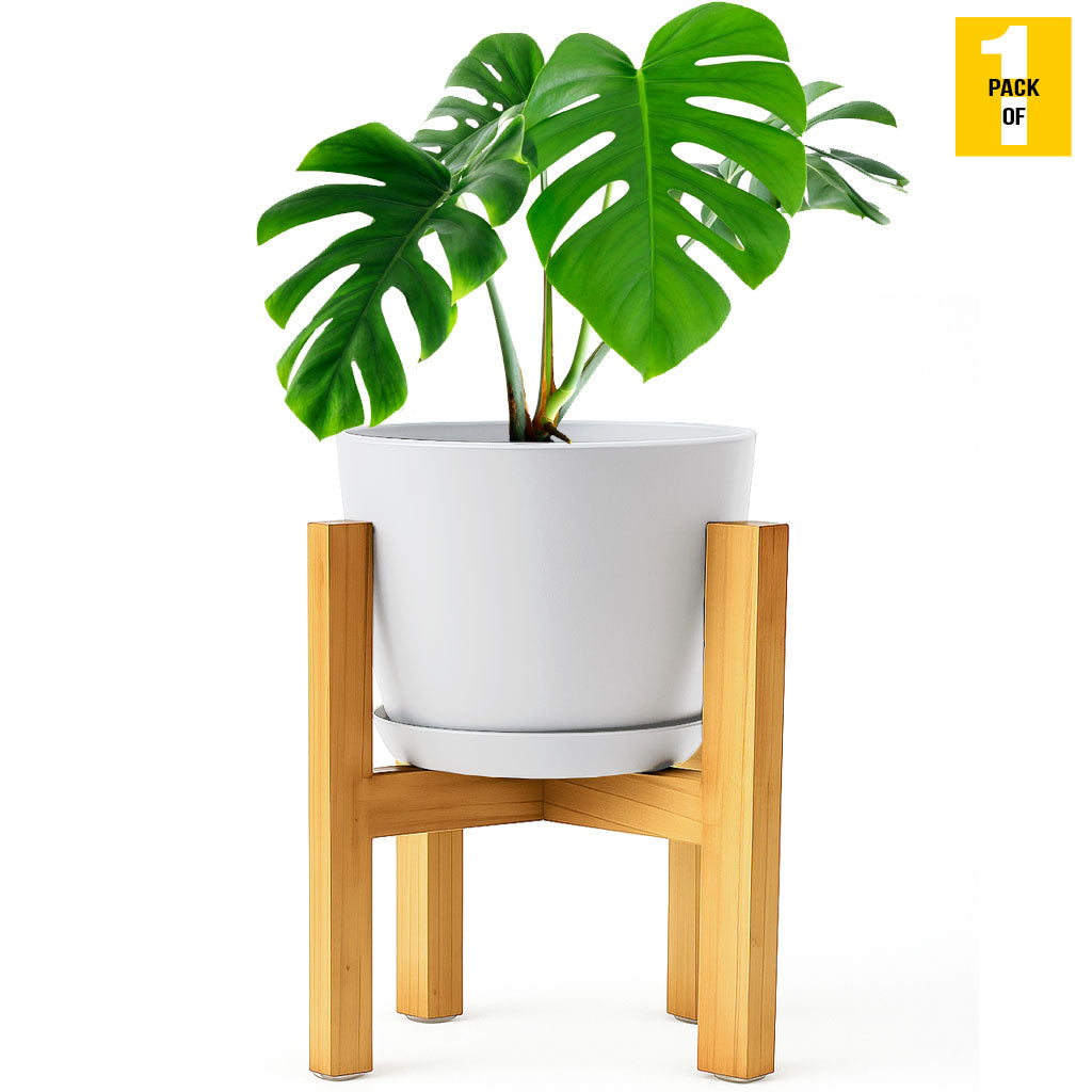 Modern Planter Pots with Drainage Tray & Pure Wooden Stand – Durable ABS Plastic with Seamless Saucers