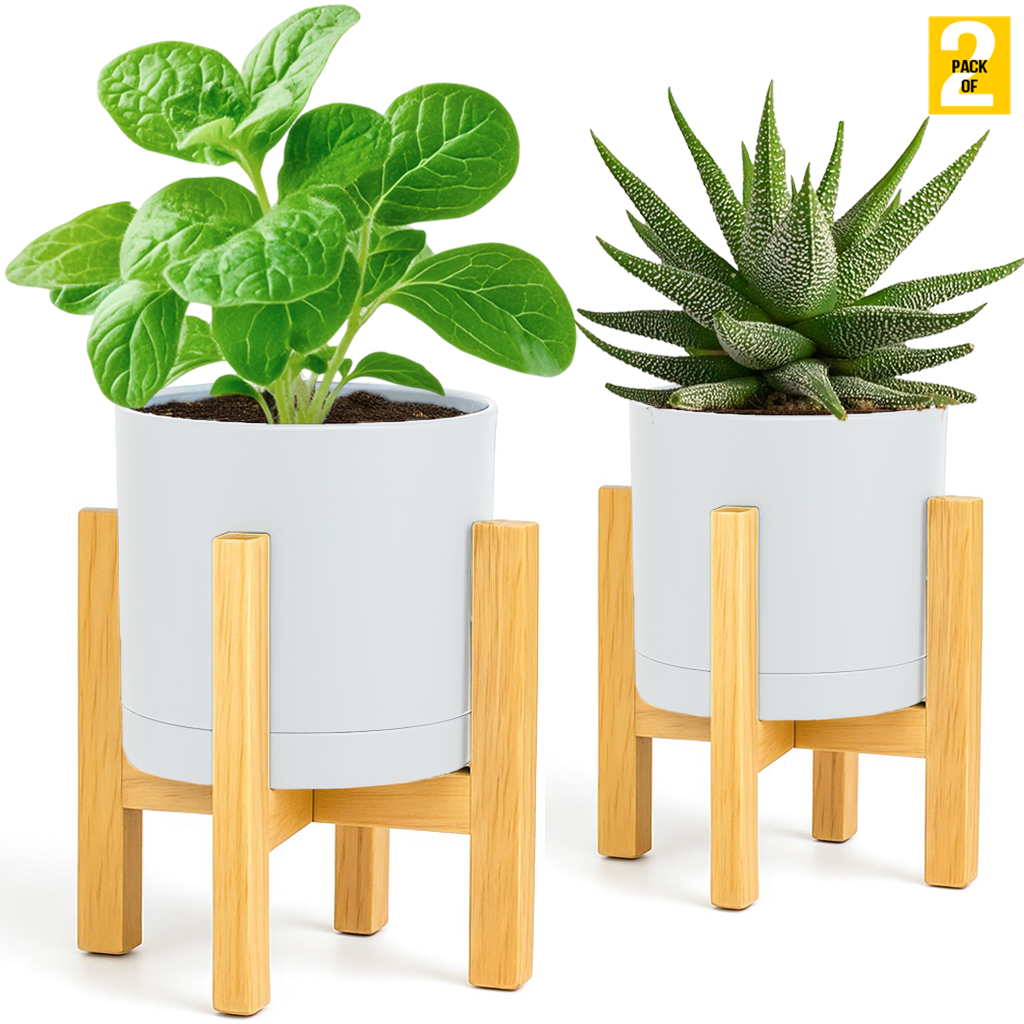 Modern Cylinder Planter Pots with Drainage & Wooden Stand – Durable ABS Plastic with Seamless Saucers – Ideal for Indoor & Outdoor Plant Styling – Pack of 2