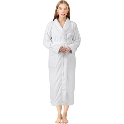 Premium Women's Plush Long Bathrobe - Soft Warm Fleece Robe with Shawl Collar for Spa & Home