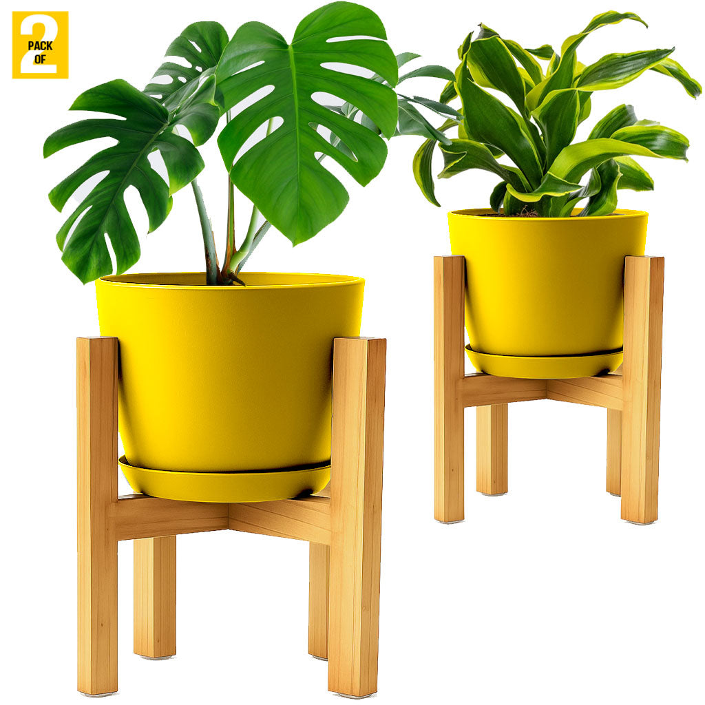 Modern Planter Pots with Drainage Tray & Pure Wooden Stand – Durable ABS Plastic with Seamless Saucers