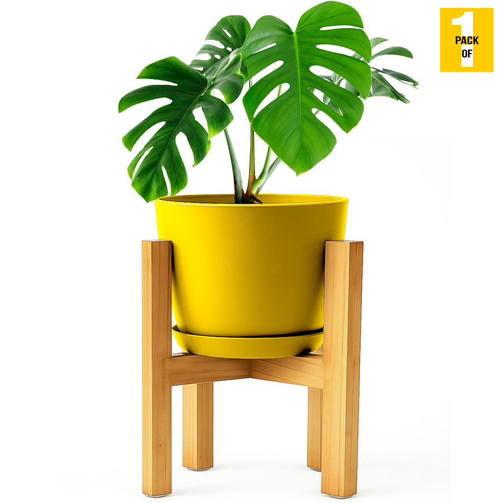 Modern Planter Pots with Drainage Tray & Pure Wooden Stand – Durable ABS Plastic with Seamless Saucers