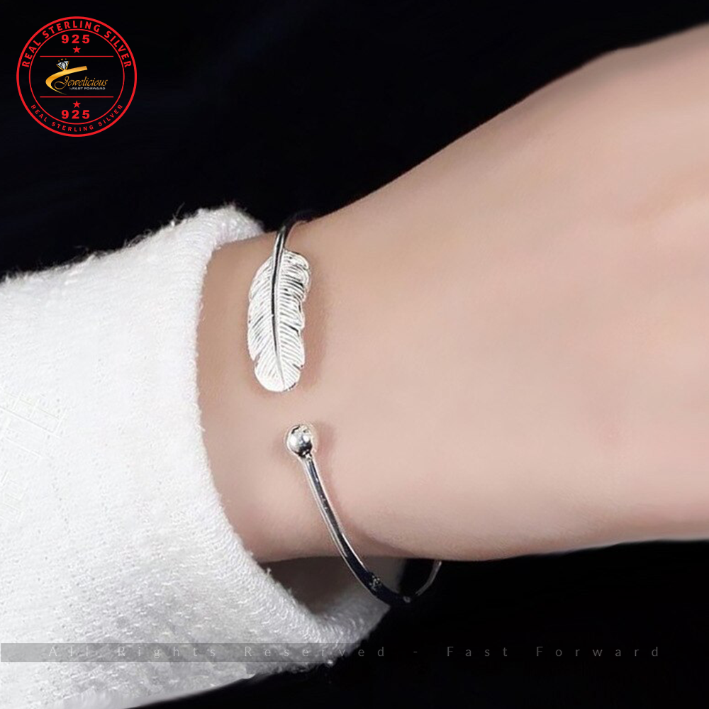 Simple Feather Small Ball Open Bracelet 925 Sterling Silver Jewelicious