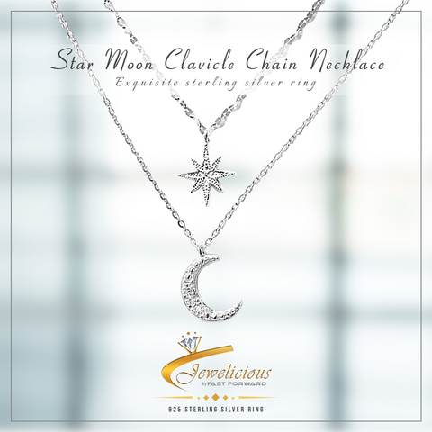 Double Layer Star Moon Clavicle Chain Necklace For Women Girl Cubic Zircon Necklace 925 Sterling Silver Jewelicious