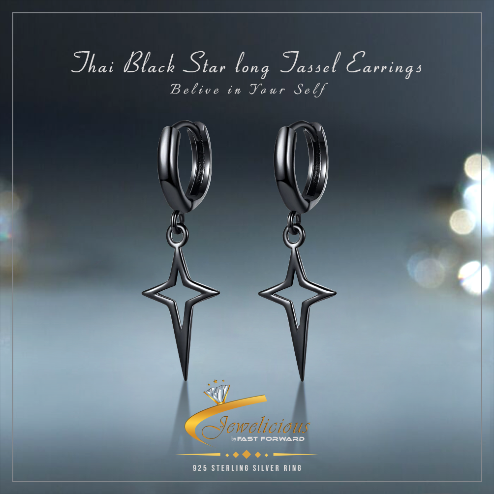 Black Thai Silver Star Simple Retro Long Tassel Earrings 925 Sterling Silver Jewelicious