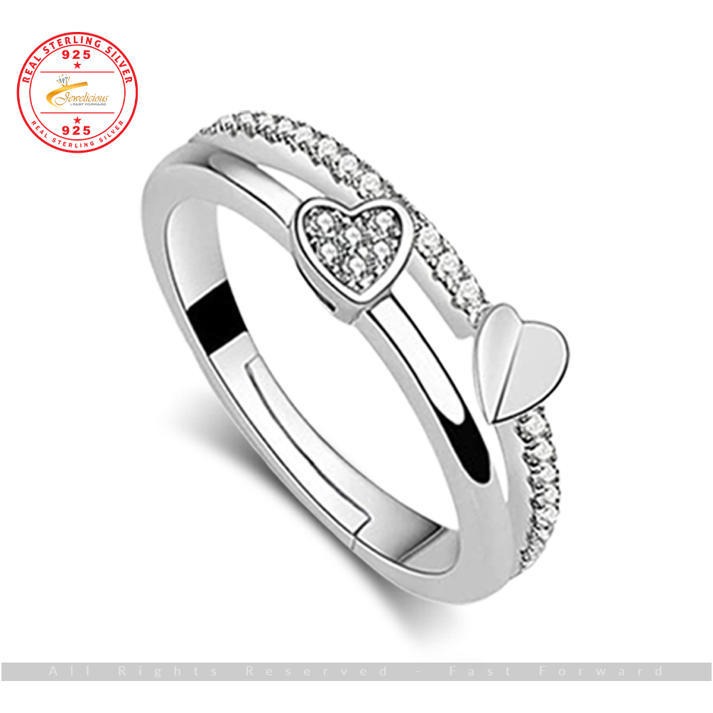 Cubic Zirconia Silver Ring Opening Adjustable Asymmetrical Heart-Shaped Jewelry 925 Sterling Silver Jewelicious