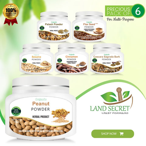 Precious Pack of 06 Natural Benefits Herbs Peanut | Palash | Flax Seed | Sesame | Cinnamon | Cascara Sagrada Bark Powder 100% Organic each Box 100 gm Land Secret