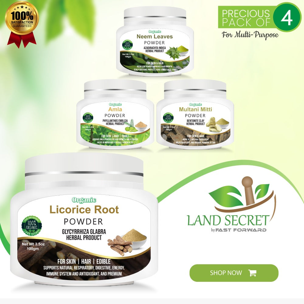 Precious Pack of 4 Natural Benefits Herbs Licorice Powder | Neem Leaves Powder | Amla Powder | Multani Mitti Powder 100% Organic each Box 100 gm Land Secret