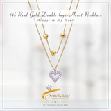 14k Real Gold Double Layer Heart Necklace with AAA Zircon and 925 Sterling Silver Chain for Women - 40+5CM Shining Bling Clavicle Jewelry Jewelicious