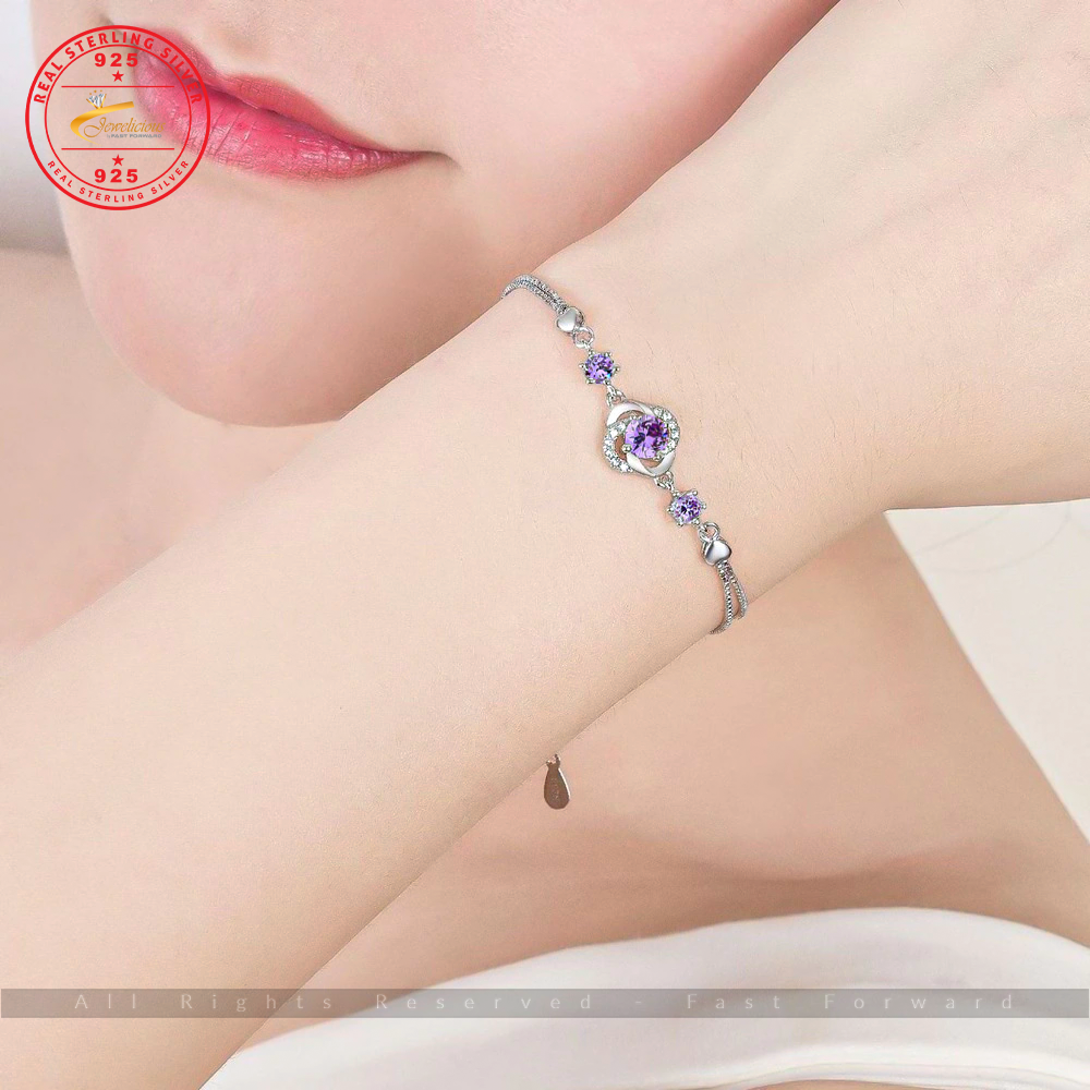 Purple Crystal Zircon Four-Leaf Clover Flower Bracelet Length 16+3.5CM 925 Sterling Silver Jewelicious