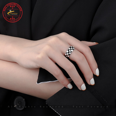 Checkerboard Simple Black and White Plaid Open Ring 925 Sterling Silver Jewelicious