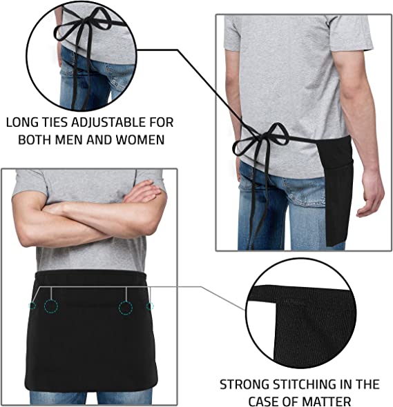Waist Short Apron 3 Pocket for Men Women, Kitchen, Restaurant and Crafting Pack of 2 Fast Forward