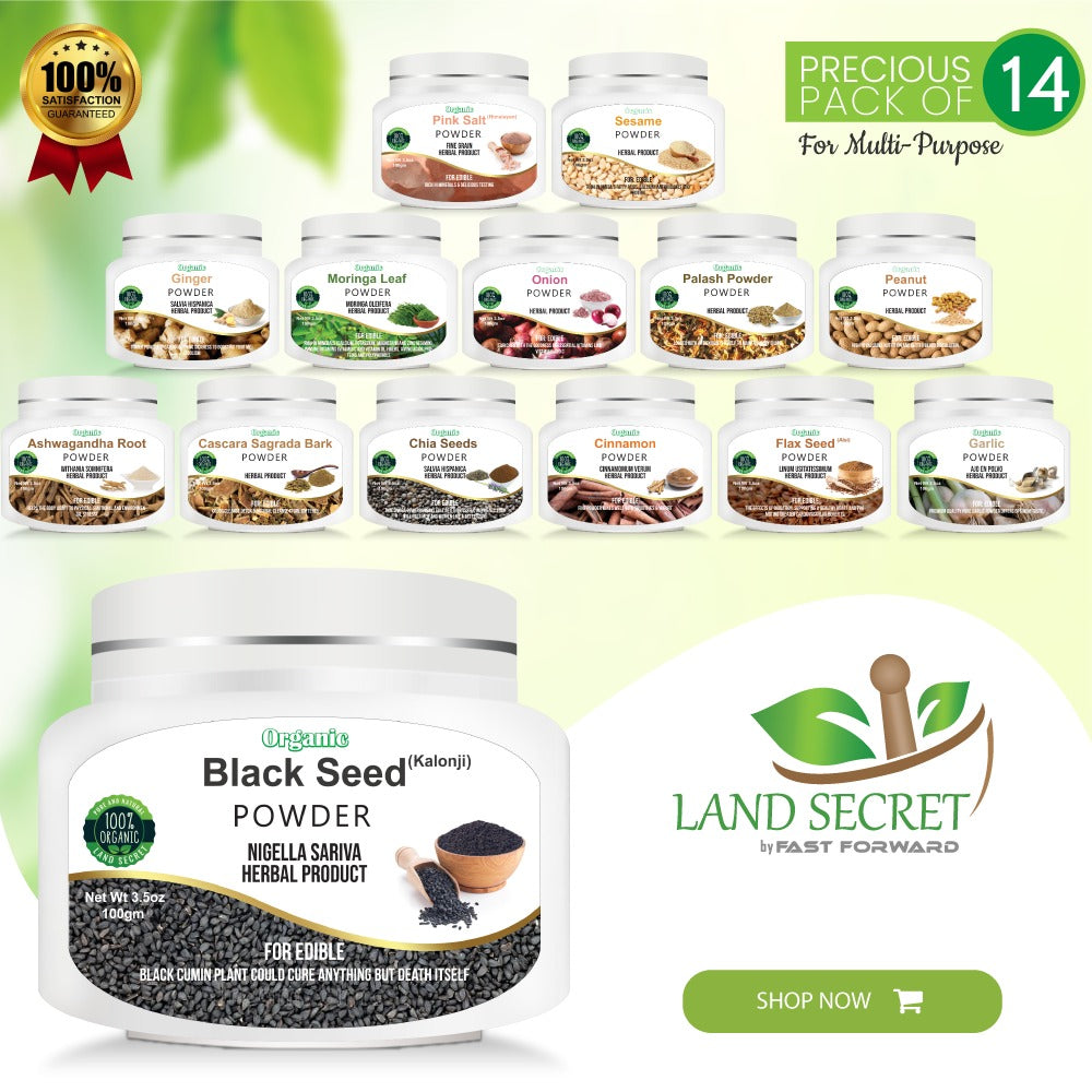 Precious Pack of 14 Natural Benefits Herbs Black Seed | Pink Salt | Sesame  | Ginger | Moringa | Onion | Palash  | Peanut | Ashwagandha Root | Cascara Sagrada Bark | Chia Seeds | Cinnamon | Flax Seed | Garlic Powder 100% Organic each Box 100 gm Land Secret