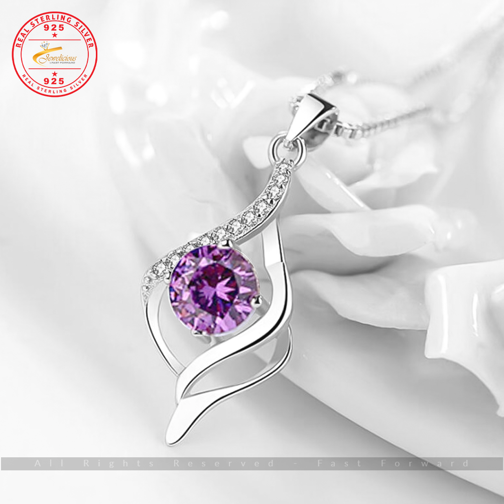 High Quality Purple Crystal Zircon Pendant Necklace Length 45cm 925 Sterling Silver Jewelicious