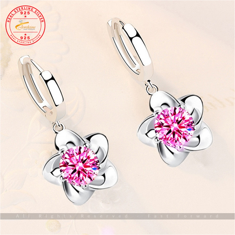 Silver Plated Plum Blossom Tassel Earrings with Blue and Pink Cubic Zirconia